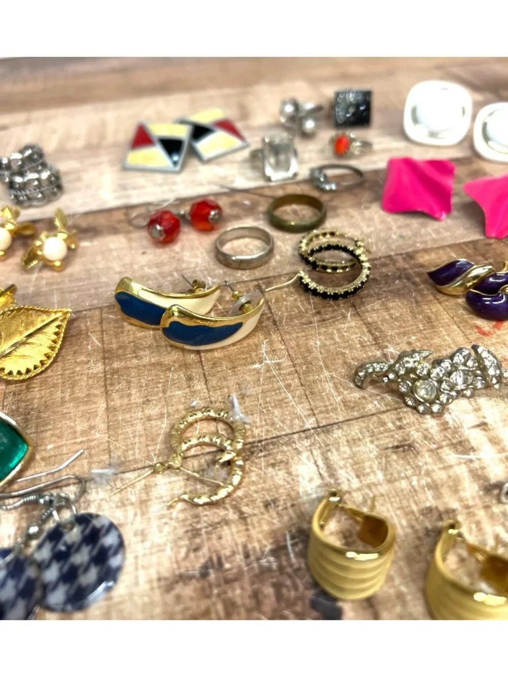 Vintage Statement Jewelry Lot With Earrings Rings & Brooches In Mixed Materials